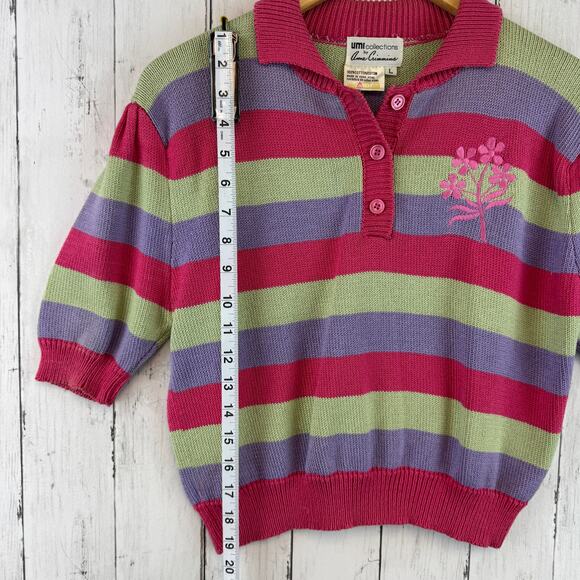 VTG Anne Crimmins Umi Collection Pink/Green Stripe Collared Knit Sweater Large - Picture 12 of 13